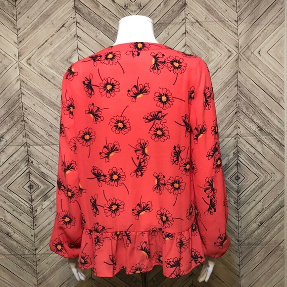 Gap Pink Long Sleeve V Neck Poppy Flower Print Peplum Pullover Blouse Women's S - Picture 4 of 5